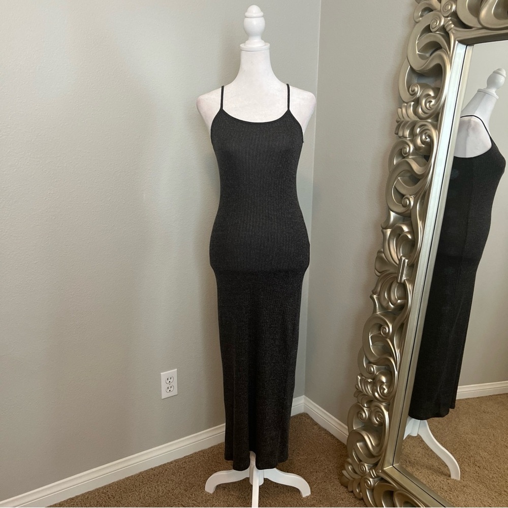 Freshman 1996 Charcoal Grey Spaghetti Strap Ribbed Stretch Midi Dress Size Small